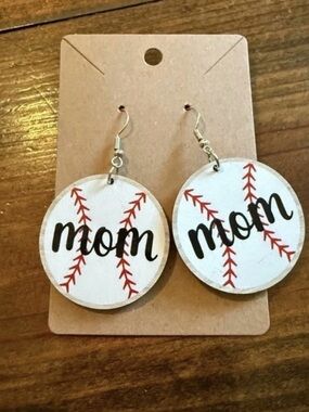 Baseball Mom Wooden Dangle Earrings - White & Red